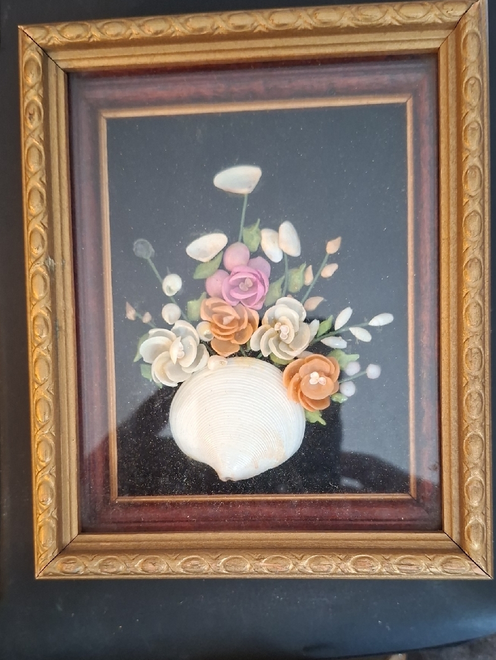 Framed Shell Floral Wall Art in Gold Frame, 1950s
